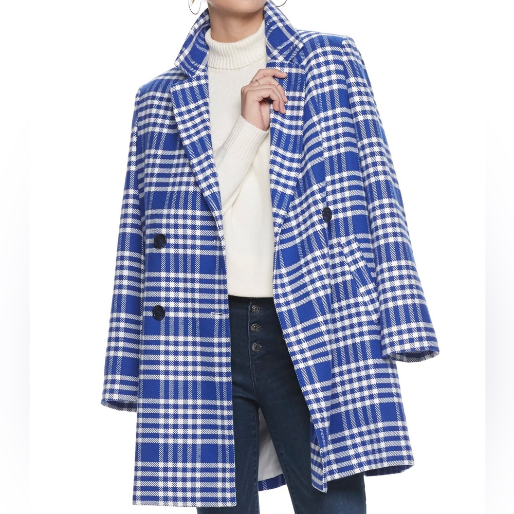 EUC Popsugar blue and white plaid trench coat